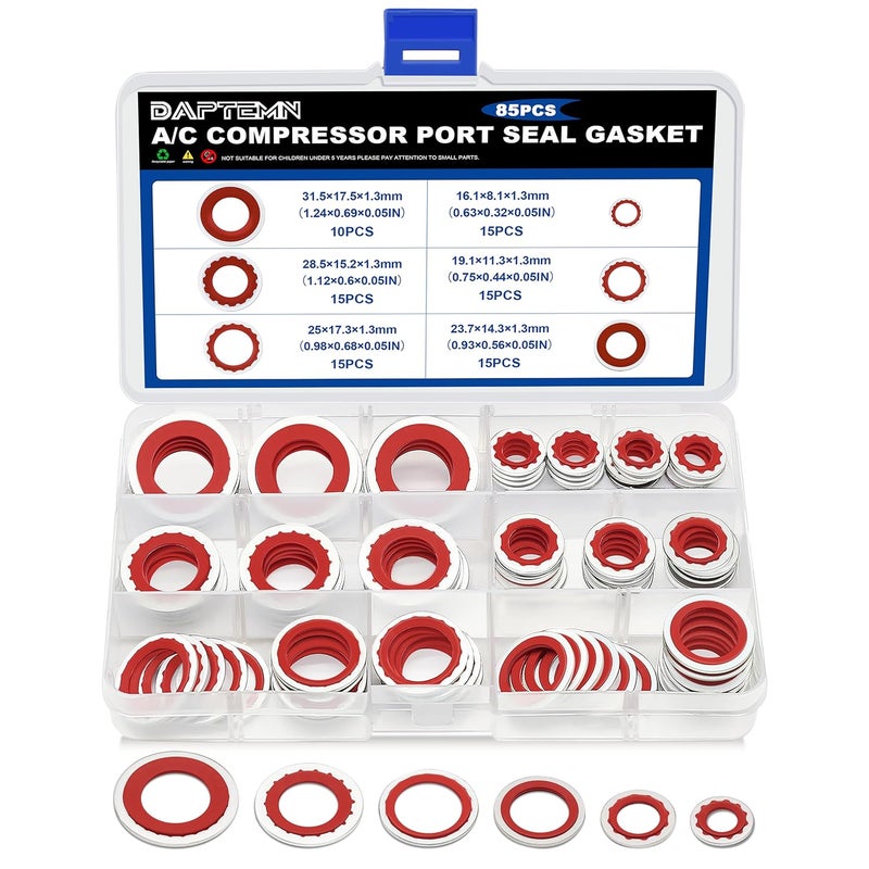 Daptemn 85PCS A/C O-Ring Assortment Kit, 6 Size Air Conditioning System Compressor Port Gasket Repairs Automotive Self-Centered Washer, Replace A/C Compressor Bonded Seal Washer (ID: 8mm-17.5mm) (Red) - Image 1